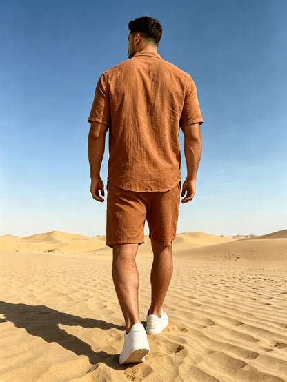 Men's Linen Short Sleeve Shirt & Solid Shorts Set for Summer