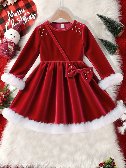 High-End Romantic Gorgeous Elegant Red Round Neck Pearl Straight-Leg Long Sleeve Cuff Skirt with 3D Bow Spring Autumn New Dress Suitable for Daily Wear, Parties, Holidays, Christmas Vacation Banquet, Campus Performance Outing