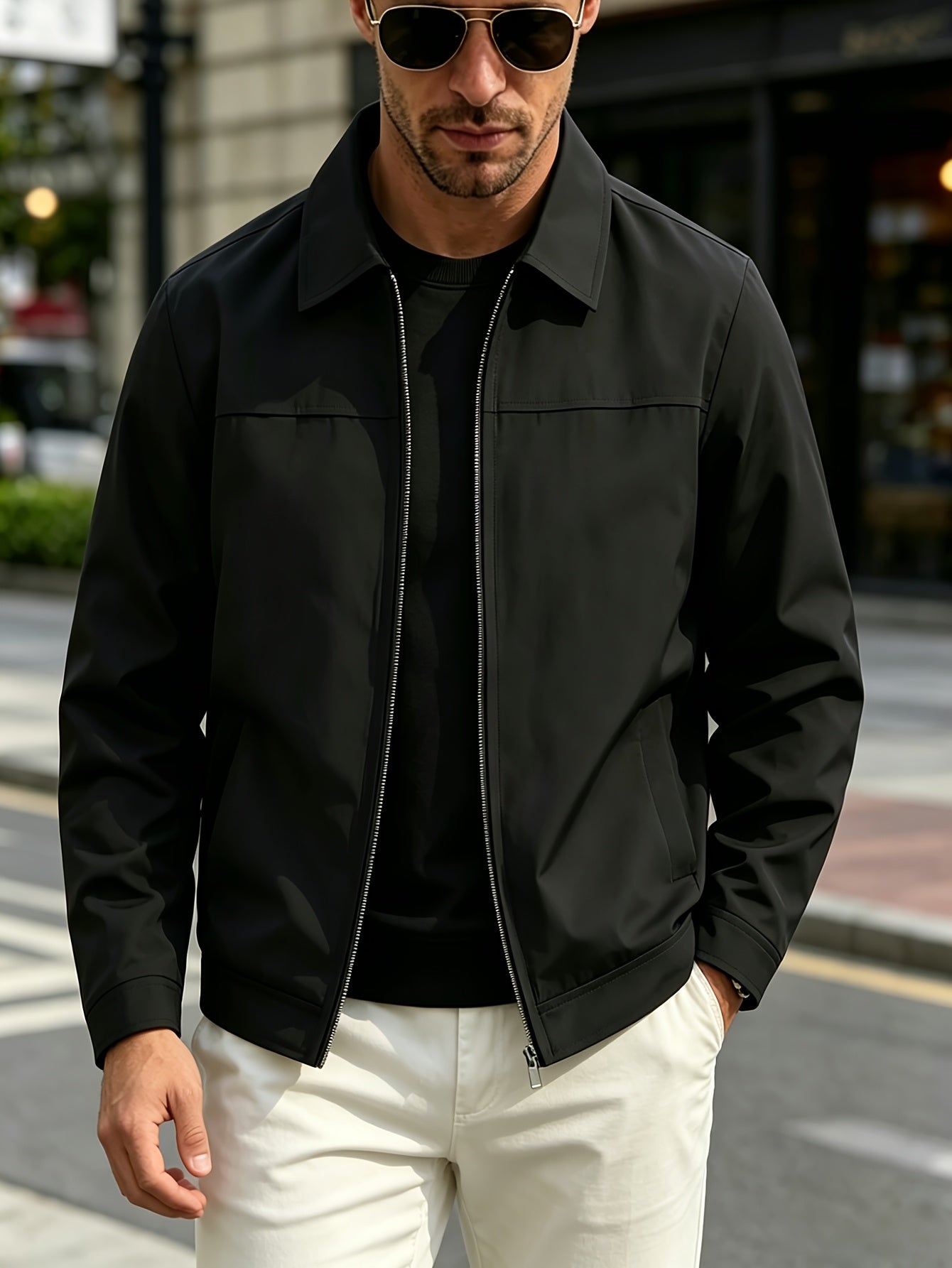 Men's Casual Lapel Collar Zipper Jacket - Lightweight Polyester