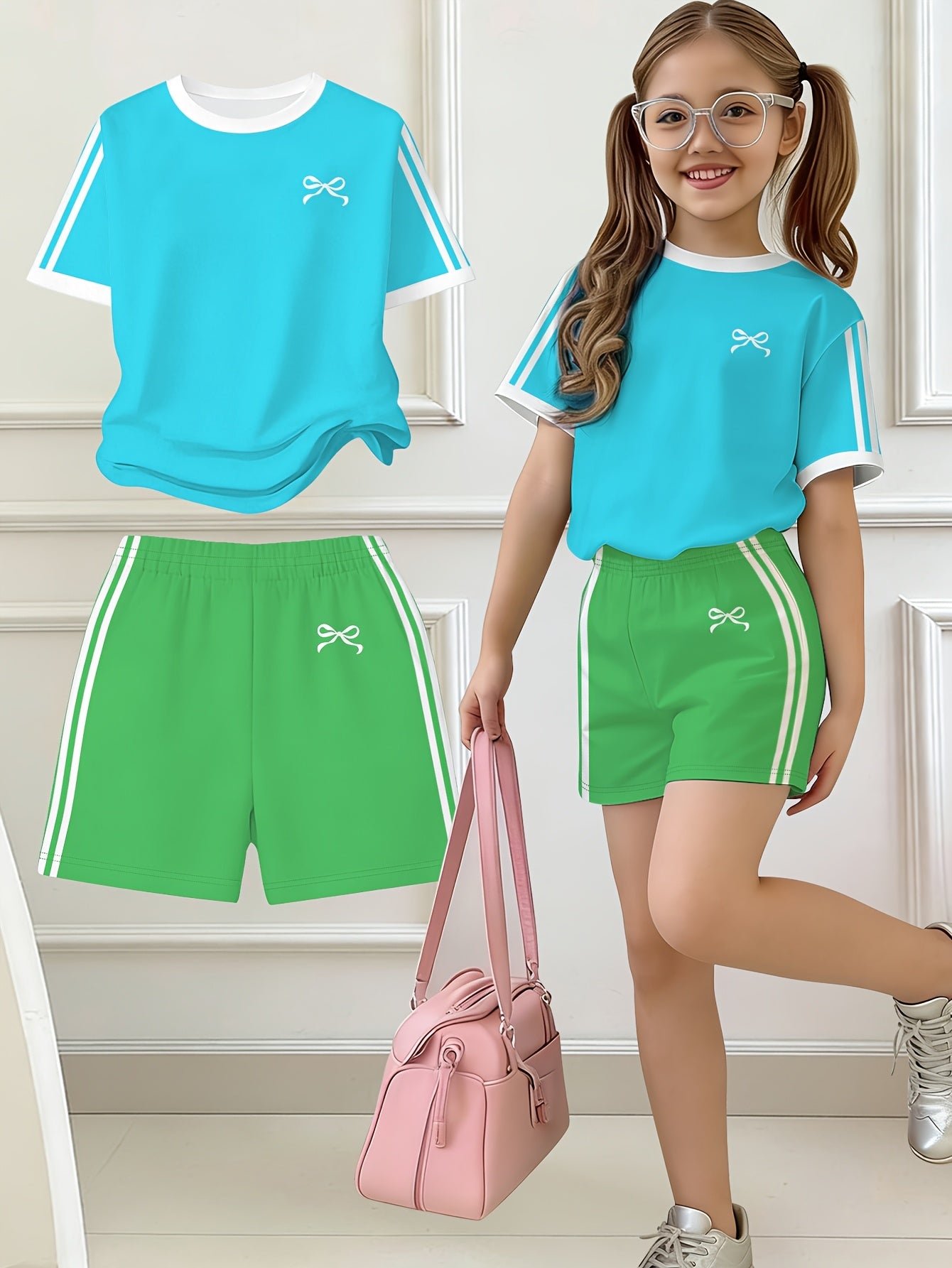 Girls' Butterfly Print Bow Short Sleeve Tee & Shorts Set