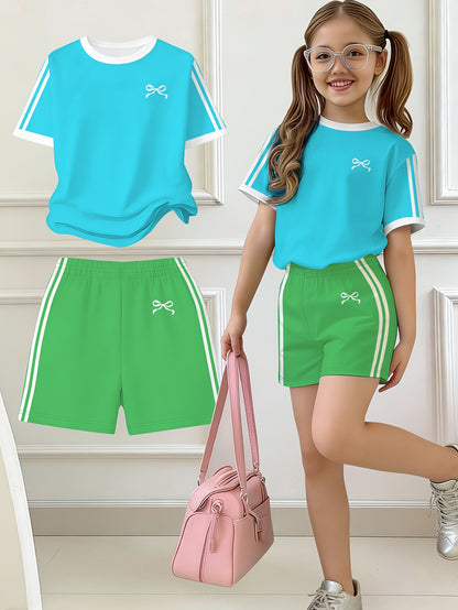 Girls' Butterfly Print Bow Short Sleeve Tee & Shorts Set