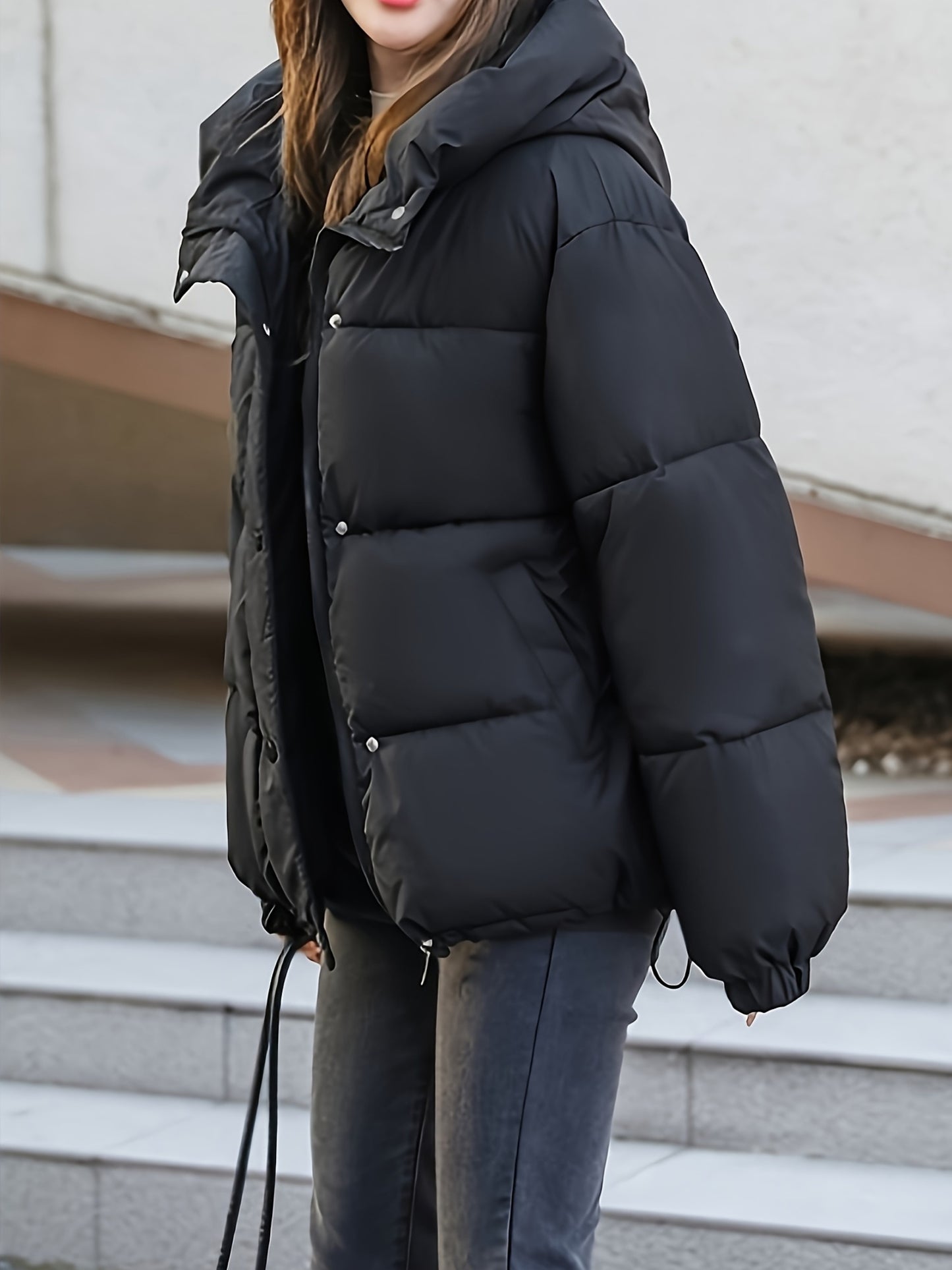 Women'S Stylish Winter Zip-Up Hooded Jacket - Casual Thickened Outerwear with Pockets, Long Sleeve, Non-Stretch Fabric, Solid Color, 100g/m², Perfect for Cold Weather, Winter Clothes