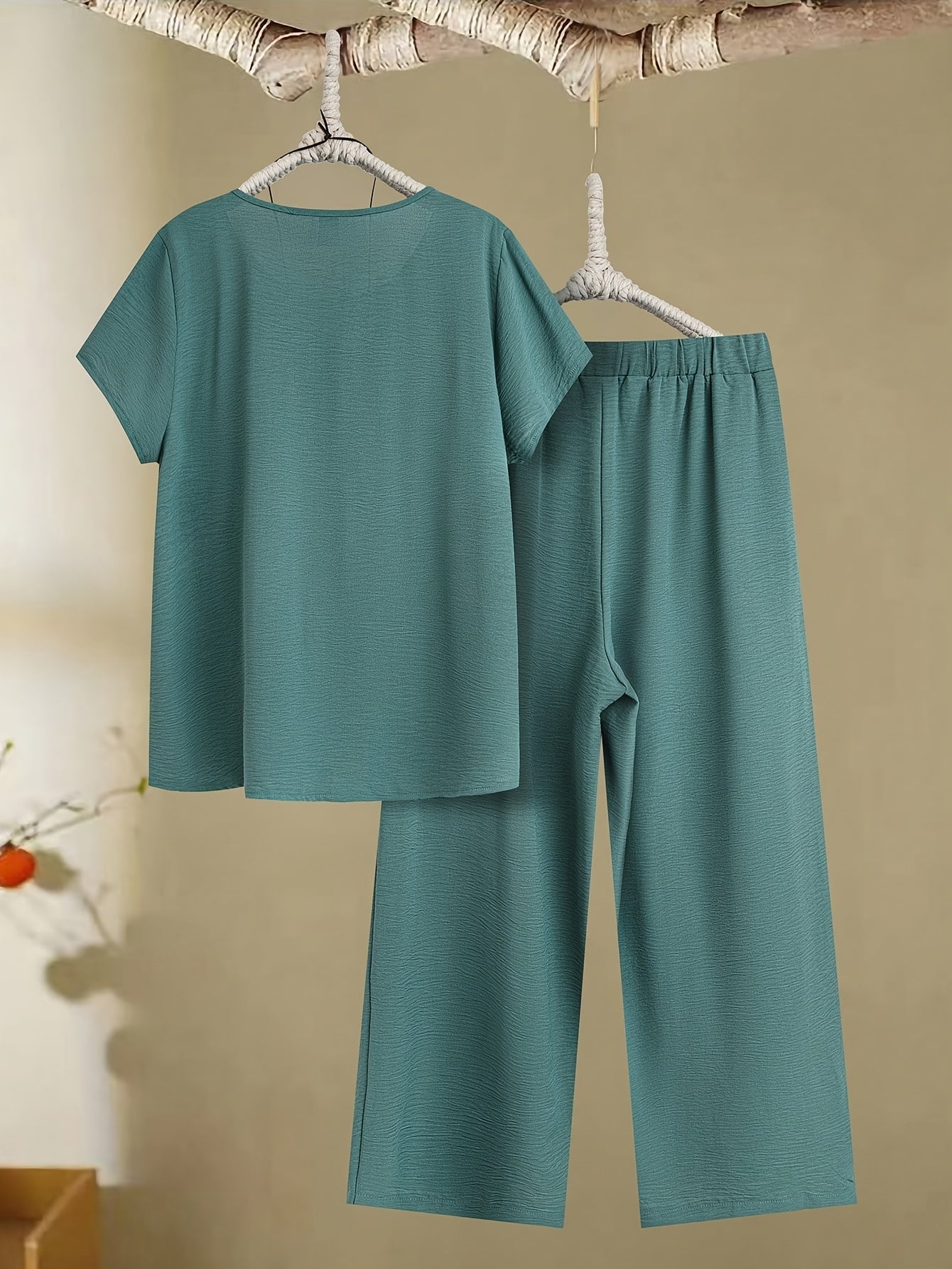 Women'S Comfortable Embroidered Short Sleeve T-Shirt and Pants Set - Casual Crew Neck, Straight Leg, Solid Color with Floral Design, Polyester Blend, Spring/Summer Collection