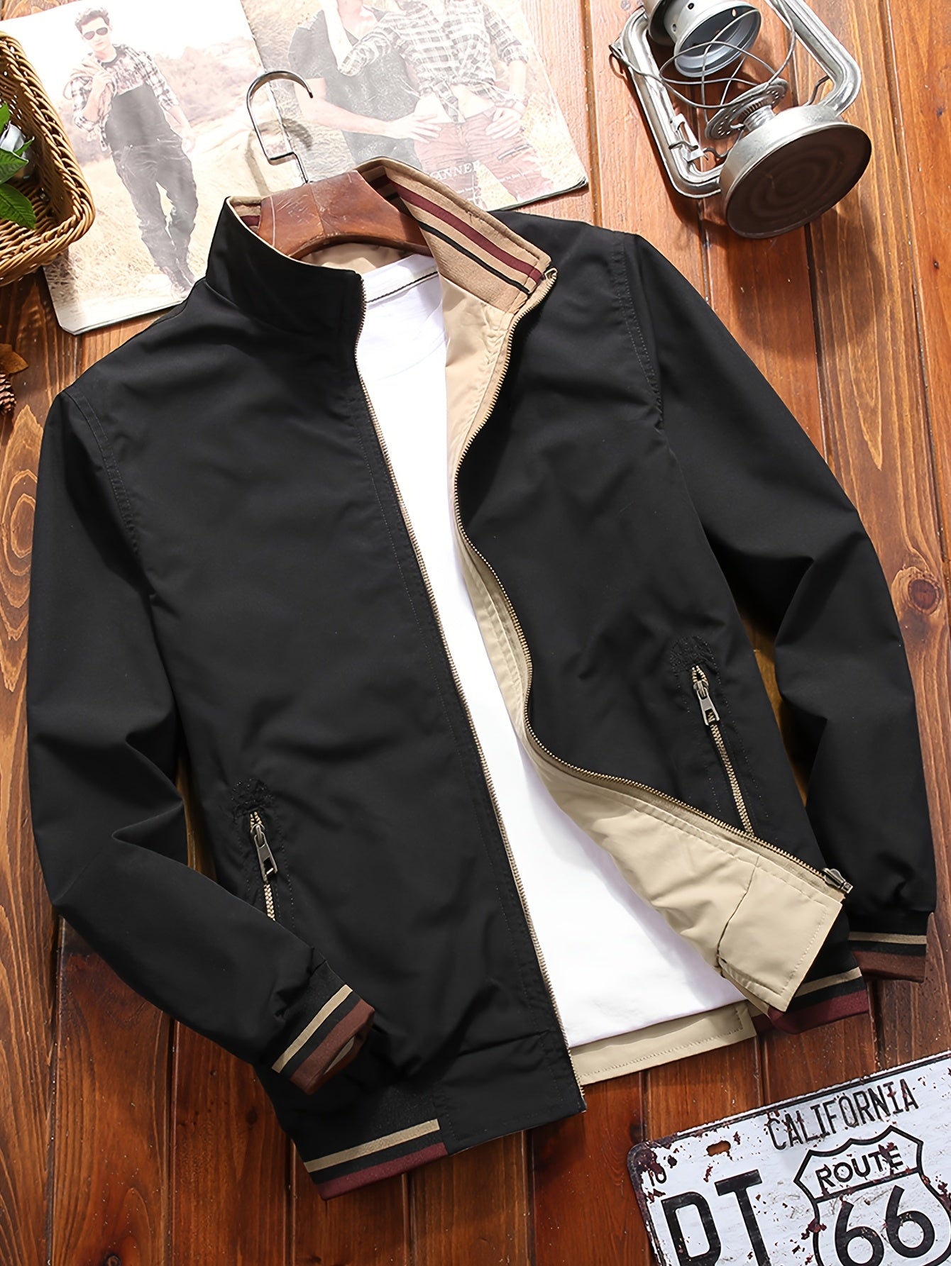 Men'S Stylish Beige Bomber Jacket with Red & Blue Trim - Double-Sided, Metal Zipper, Casual & Formal Wear, Perfect Gift for Husband or Boyfriend, Casual Outerwear | Doubleside Jacket | Polyester Lining