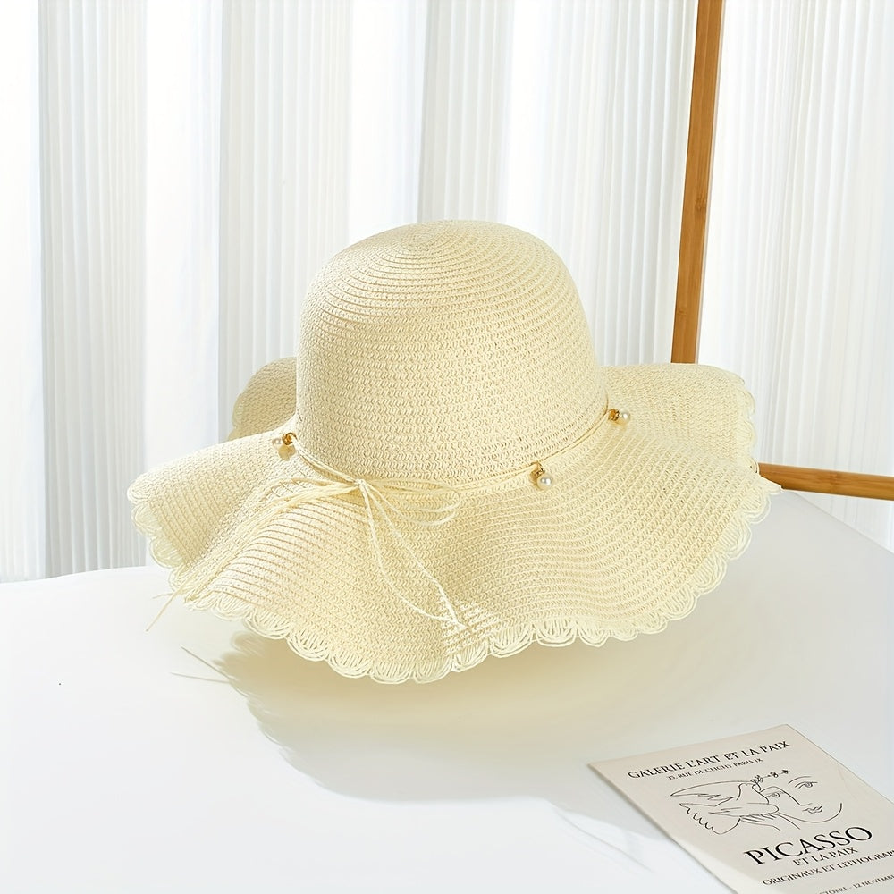 Women's Wide Brim Straw Sun Hat with Accents & Adjustable Ribbon - Protection Lace Trim Beach Wedding Casual Outdoor Hat for All Seasons