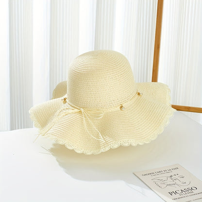 Women's Wide Brim Straw Sun Hat with Accents & Adjustable Ribbon - Protection Lace Trim Beach Wedding Casual Outdoor Hat for All Seasons