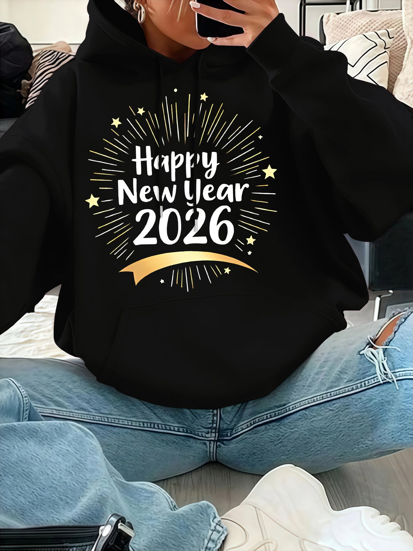 Women'S Pink "Happy New Year 51.46meter Print Hoodie - Cozy Casual Pullover with Golden Glittery Lettering, Long Sleeves, and Drawstring Hood, Perfect for Winter Celebrations, Winter Hoodie | Festive Print Hoodie | Stretchy F