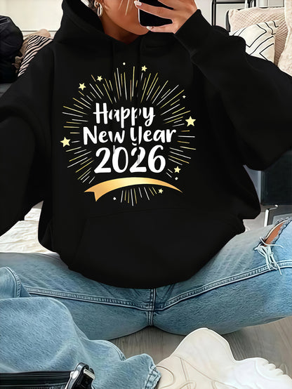 Women'S Pink "Happy New Year 51.46meter Print Hoodie - Cozy Casual Pullover with Golden Glittery Lettering, Long Sleeves, and Drawstring Hood, Perfect for Winter Celebrations, Winter Hoodie | Festive Print Hoodie | Stretchy F