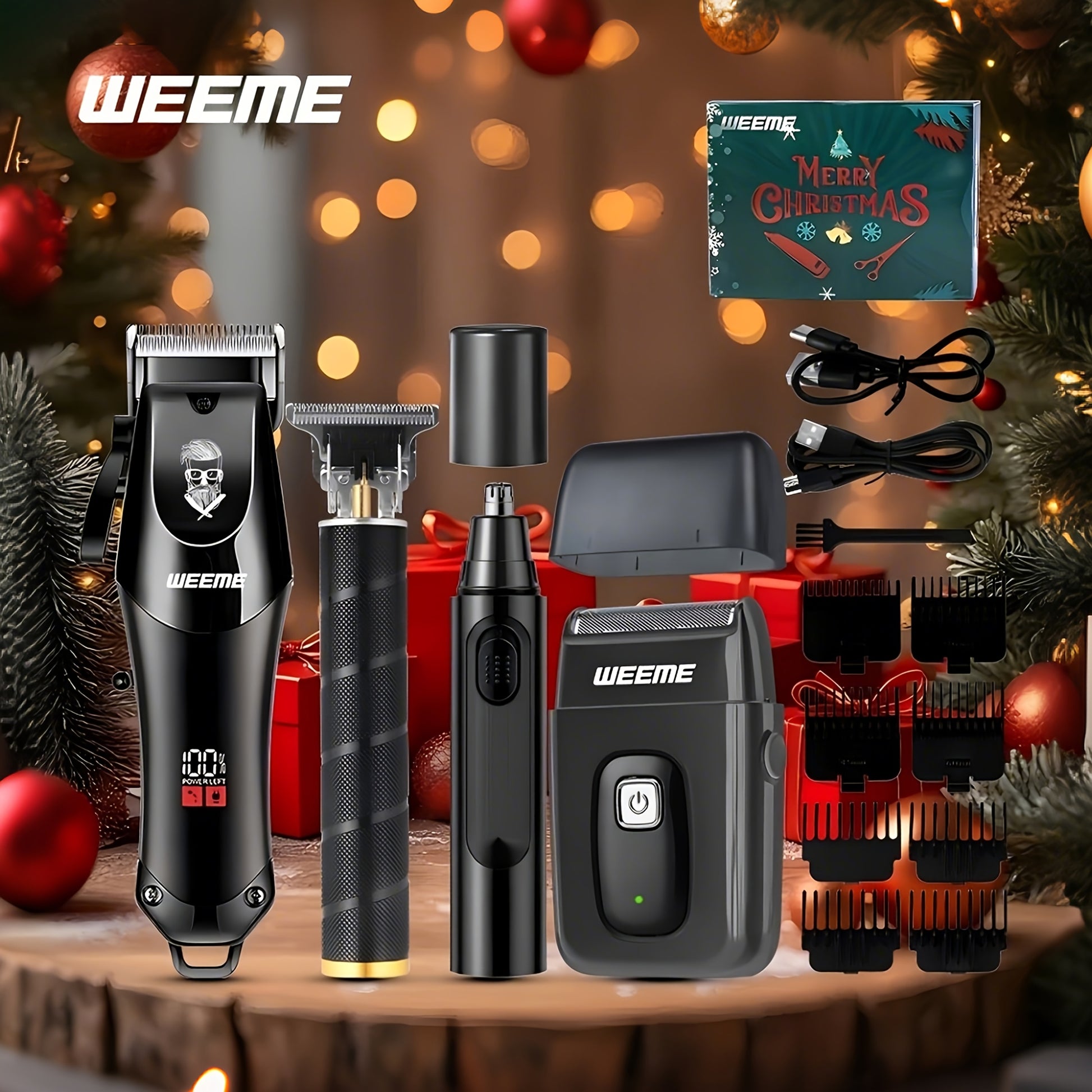 WEEME 4pcs Professional Hair Clipper Set for Men, Cordless Barber Clippers and Trimmer Kit, Electric Beard Trimmer and Nose Trimmer, Foil Shaver Men's Grooming Tool Kit, Christmas Gifts for Him (Black) - ayq