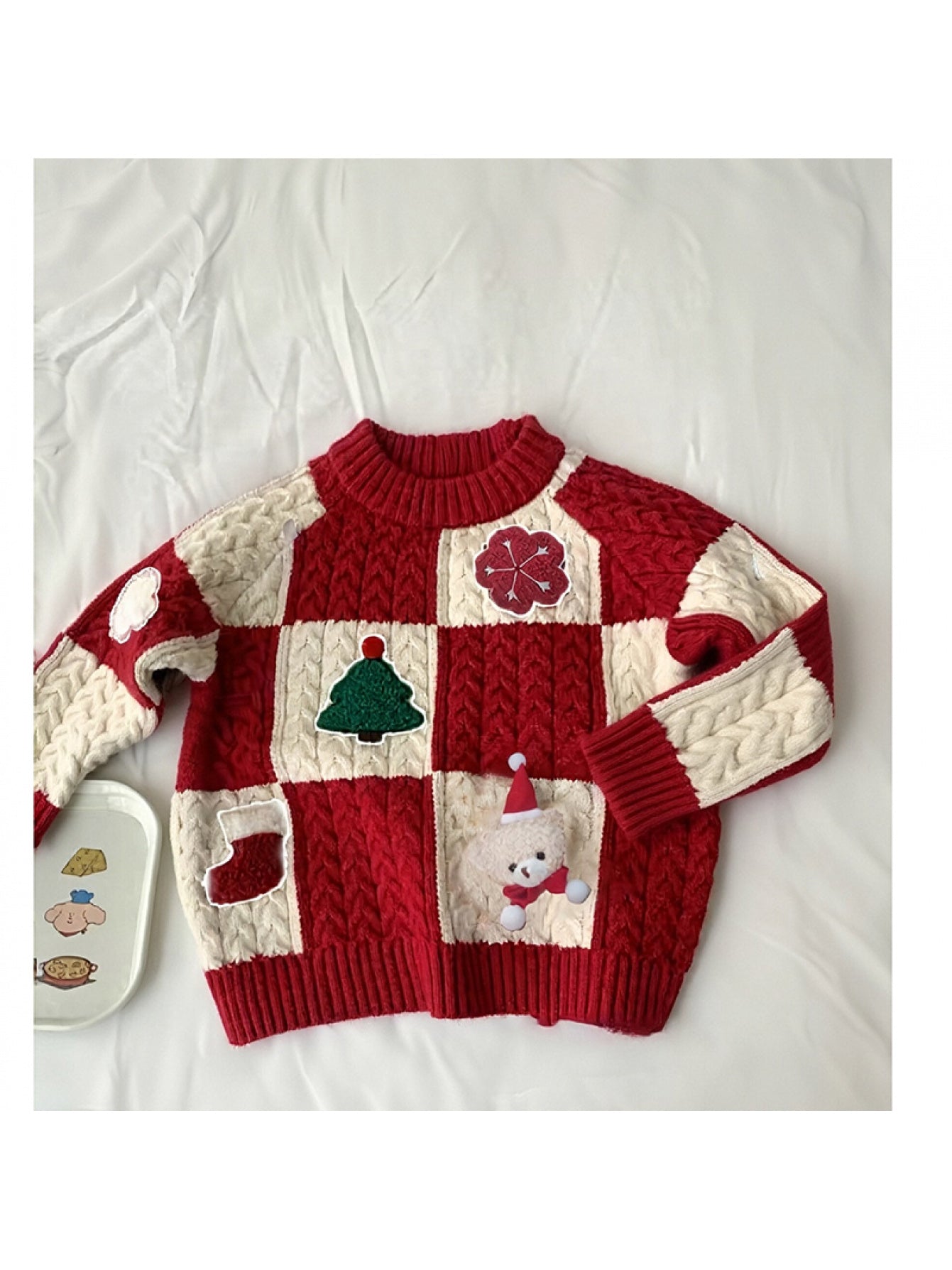 ' Red & White Cable- Sweater Jacket - Cute Scottish-Inspired Boys & Girls Winter Coat, Machine Washable Round Neck Cardigan for Christmas, New Year & Casual Attire ( to)