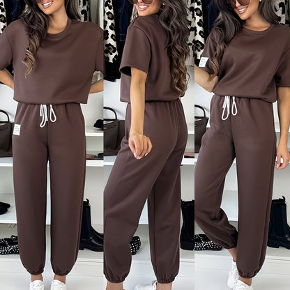 2026 New European and American Style Women's Casual Set: Round Neck Short Sleeve Top + Jogger Pants, Lazy Style Loose Fit Two-Piece Set