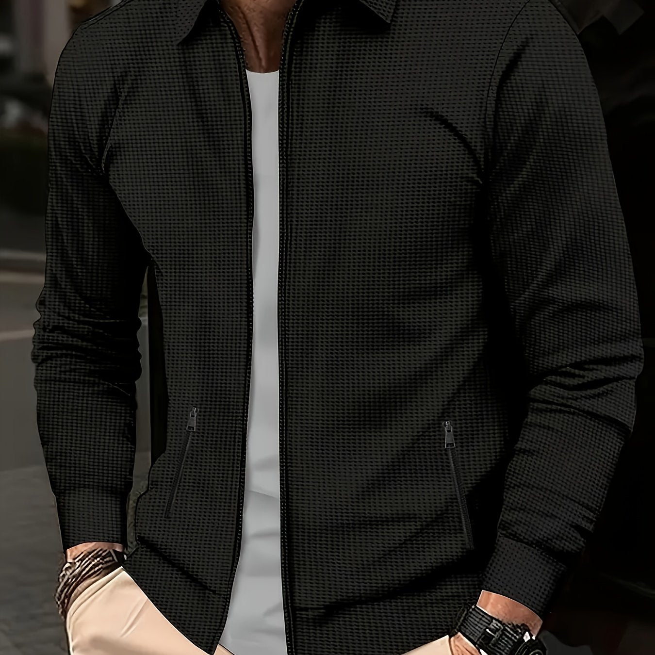 Men's Plain Waffle Zipper Jacket Casual Daily Fashion