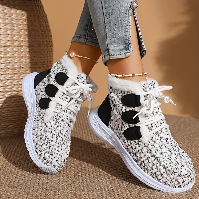 XS Women's Fashionable Comfortable Warm Light White Plush Lace-Up Short Boots + Faux Fur Texture, Trendy Casual Snow Boots, Long Winter Boots for Women, Wide Fit Boots for Women Plus Size Faux Fur Boots, Snow Boots for Women