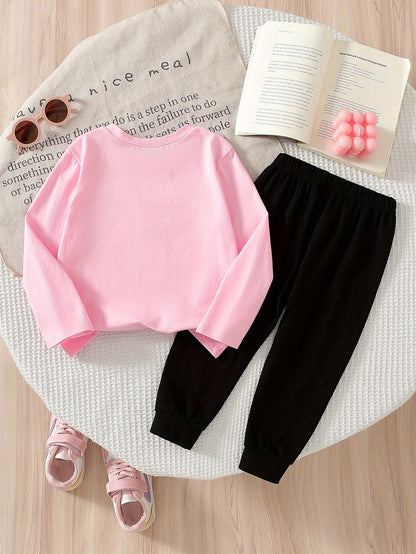 Girls' Casual Leopard Print Cotton Long Sleeve Top & Pants Set
