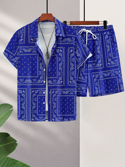 Men's Paisley Print Short Sleeve Shorts Single Button Shirt Suit with Elastic Cord and Pockets