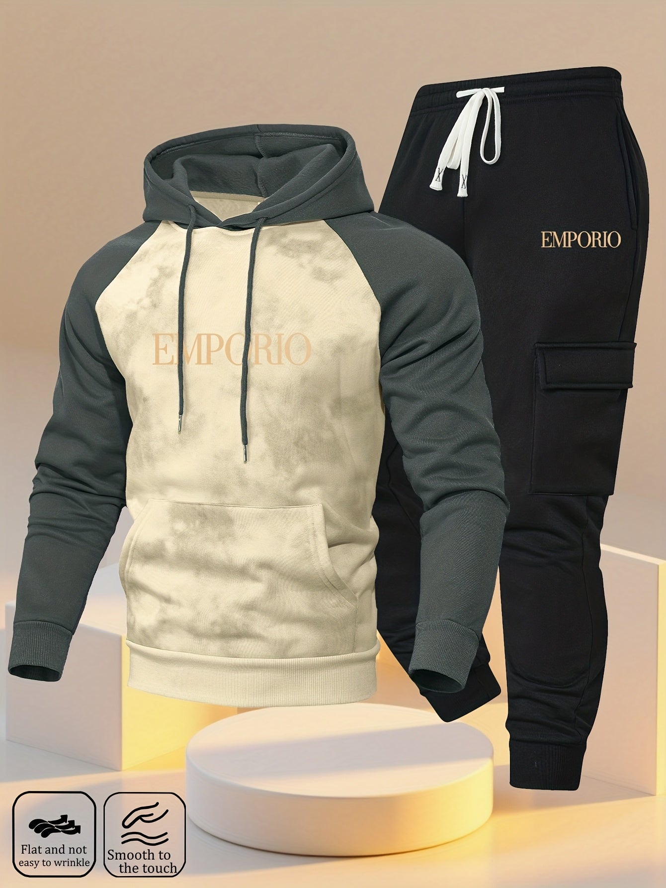 New Trendy Fashion Raglan Sleeve Colorblock Hoodie and Loose Cuffed Drawstring Cargo Pants with Multiple Pockets, Casual Daily Comfortable Versatile Breathable Hooded Sweatshirt and Loose Long Pants 2pcs Set with Stylish Prin