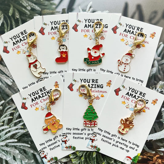 7pcs Set Colorful Christmas & New Year Keychain Ornaments - with Santa, Gingerbread for Man, Snowman, Penguin, Tree, Reindeer, Bear - Clasp Closure,  Gift Set for Holiday Decorations, Birthday, Wedding, Valentine's, Easter -