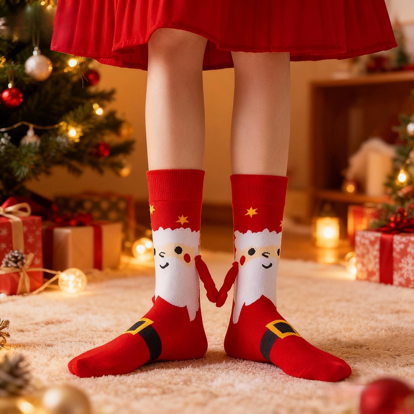 2-Pack Christmas Magnetic Holding Socks Women's Mid-Calf Socks(Tree, Santa) Winter Cute Couple Socks Unisex Meets Xmas, Halloween wear, warmth& gifting needs Magnetic, versatile Suitable for Xmas costumes, Halloween looks, wi