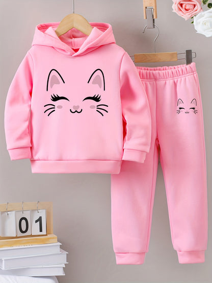 Autumn/Winter Smile Face Kitten Graphic Print Warm Fleece Hooded Sweatshirt And Sports Trousers for Girls, for Outdoor