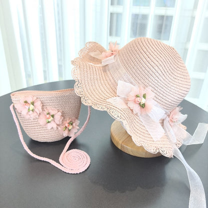 Girls 2pcs Straw Sun Hats Lightweight Floral Fisherman Style