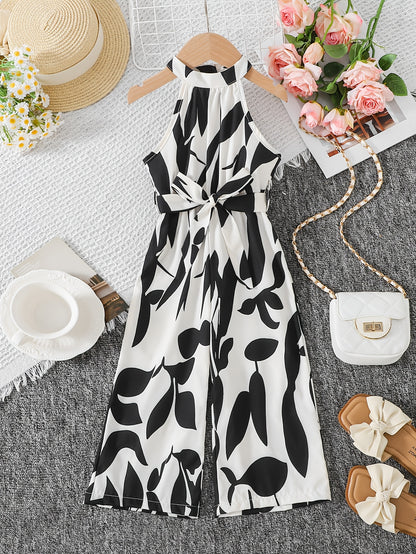 Girls Sleeveless Geometric Jumpsuit with Belt - Elegant Summer Wear