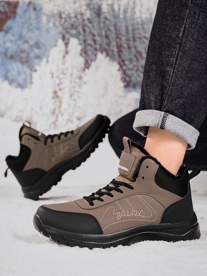 Men's Winter High-Top Ankle-High Outdoor Boots - Upper, Plush Lining & Cushioned Insole, Slip-Resistant MD Sole, Brown/Black Trekking Shoes for Snow, Ice, and Cold Weather - Lightweight & Durable Casual Winter Boots for Hikin