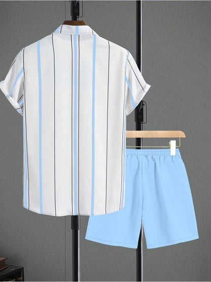 Men's Casual Summer Set - Striped Short-Sleeve Shirt & Shorts