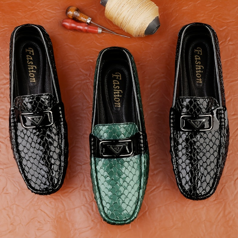Men's Trendy Faux Snake Skin Loafers with Metal Buckle, Soft Sole