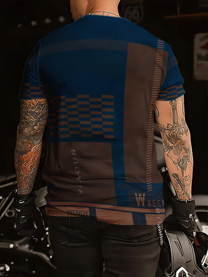 Men'S Navy  Brown Plaid Short Sleeve T-Shirt - "Union" Logo, Casual Crew Neck, All-Season Comfort, Regular Fit, Casual Attire   Plaid Pattern Top   Glossy Finish, PLUS SIZE