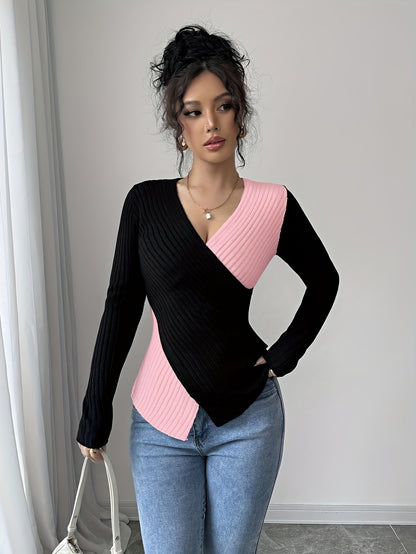 Women'S Elegant Color Block Long Sleeve T-Shirt - V-Neck, Slim Fit, & Pink, Comfortable & Stylish for Spring/Fall, Versatile Casual or Dressy Outfits, Versatile Fashion | Vneck Top | Construction, Ladies T Shirts