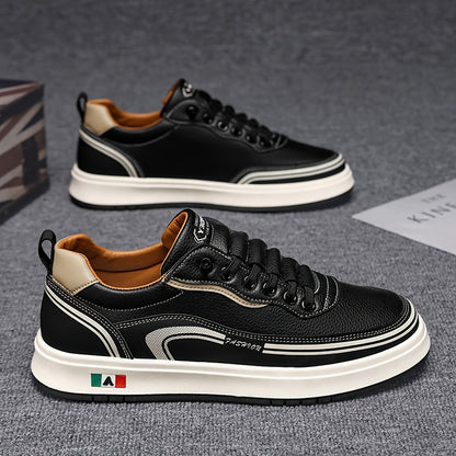 FC06 Men'S Casual Sneakers - Black  White Low-Top Lace-Up Shoes with Italian Flag Design, Faux Cover Upper, Cushioned PVC Sole, Breathable Fabric Lining for All-Season Comfort, Everyday Footwear, Modern Sneakers, Fabric Line