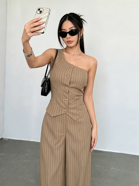 Women's Striped Off-Shoulder Vest & Wide-Leg Pants Set