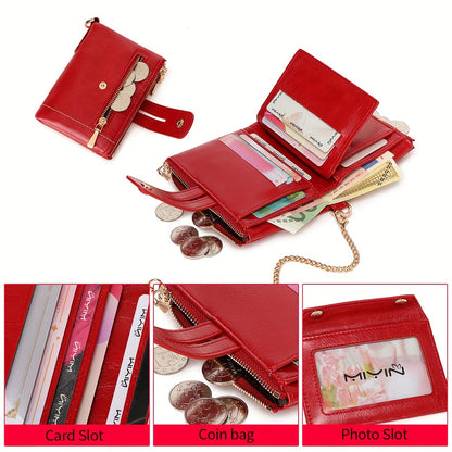 MIYIN Women'S & Men'S Red Bifold Wallet with Anti-Theft Chain Lock, Golden-Tone Hardware & Removable ID Window - Multi-Compartment Organizer with Card Slots