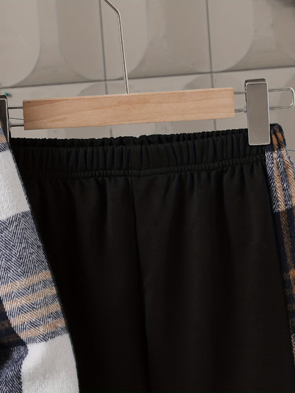 Boys' Fleece Plaid Hooded Long Pants Set, Perfect for Outdoor