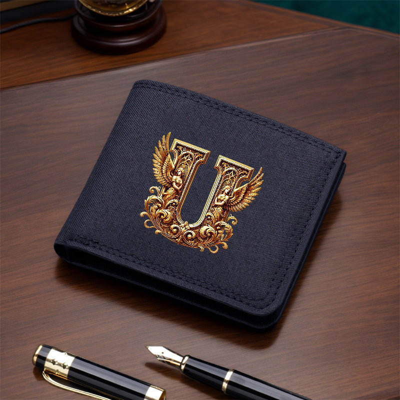 1pc Men's Short Canvas Initial Name Wallet, Zippered Denim Wallet for Men, Plain Ultra-Thin Letter Wallet for Men