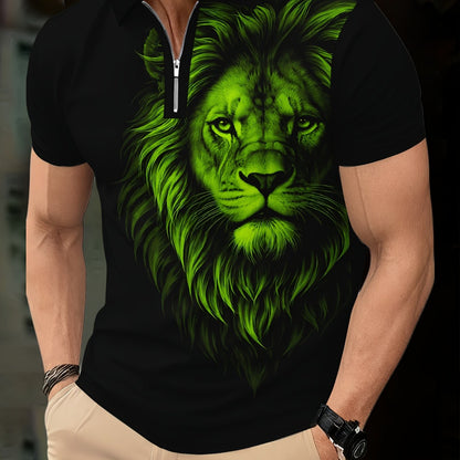 Men's Zip Shirt Short Sleeve Summer Trendy Lion Print Collar T-Shirt Business Casual Slim Fit Men's Top Women's Clothing