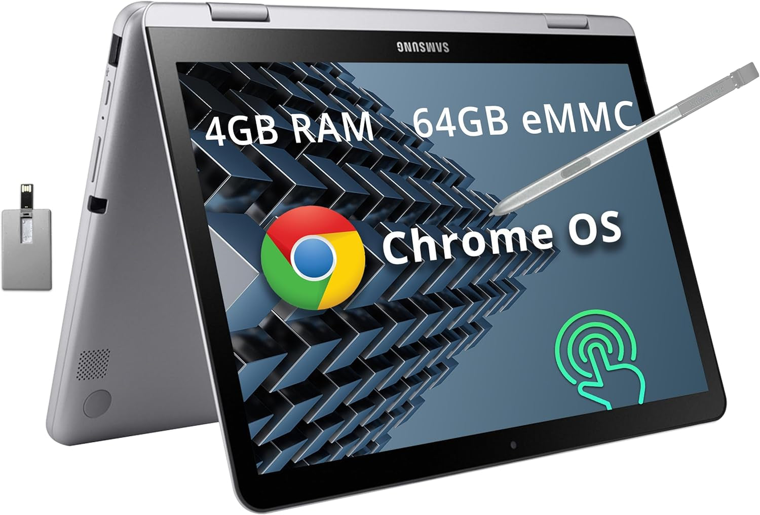 SAMSUNG plus V2 2-In-1 12.2" Touchscreen Chromebook Laptop, Intel Celeron 3965Y, 4GB RAM, 64GB Emmc, 1M Front Camera, Wi-Fi, Bluetooth, Microsd Reader, Stylus Pen, Chrome OS, Silver, 128GB USB Card