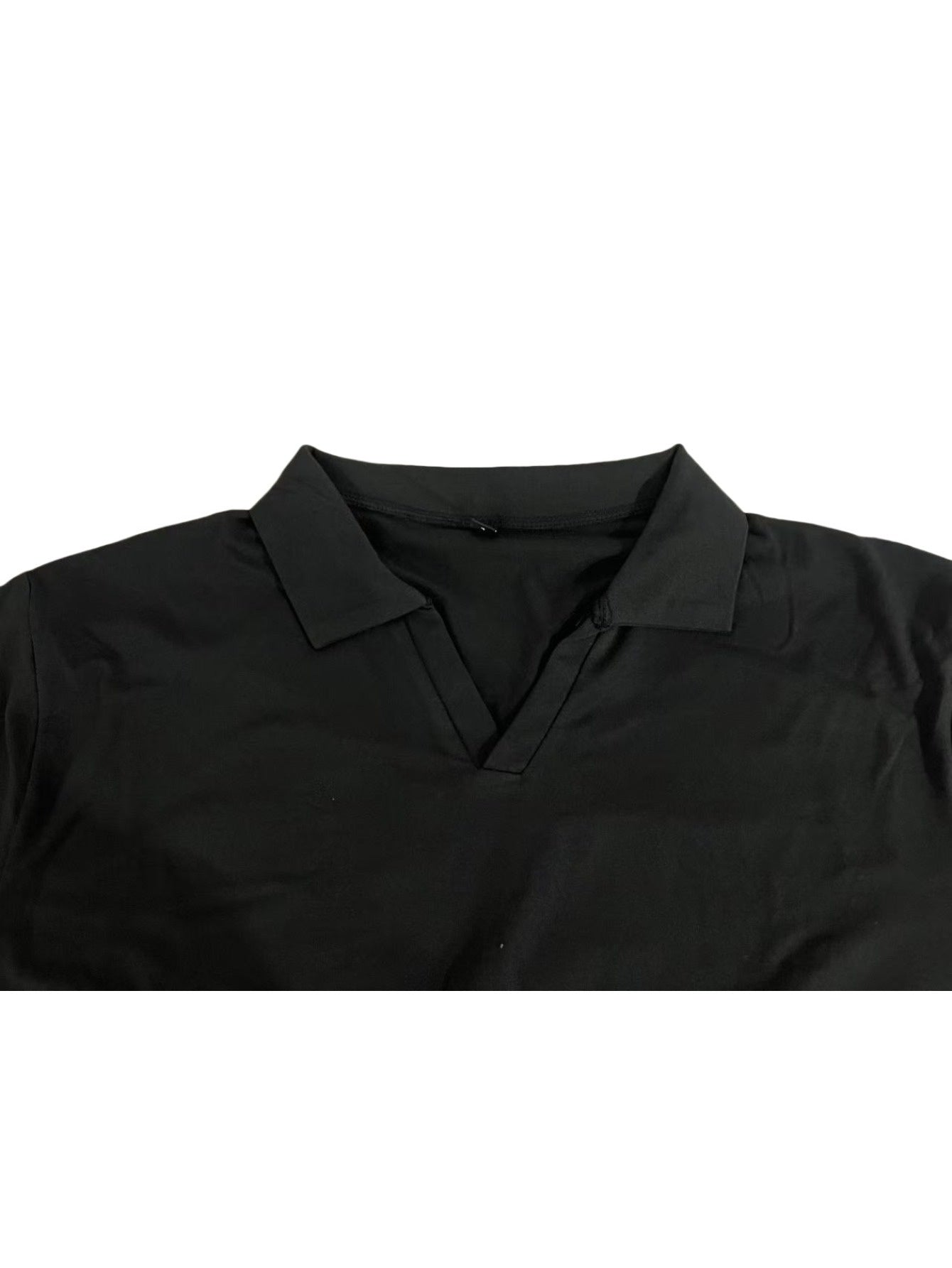 Men'S Casual Short Sleeve T-Shirt - Solid Black, Regular Fit, Button-Up Collar, Lightweight Polyester Blend for Spring & Summer, Spring Summer Apparel | Classic Collar Tee | Glossy Texture