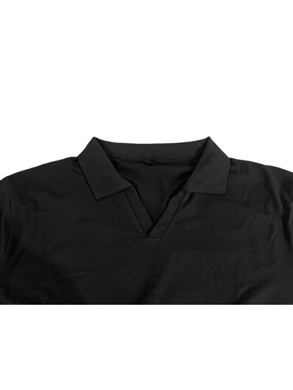Men'S Casual Short Sleeve T-Shirt - Solid Black, Regular Fit, Button-Up Collar, Lightweight Polyester Blend for Spring & Summer, Spring Summer Apparel | Classic Collar Tee | Glossy Texture