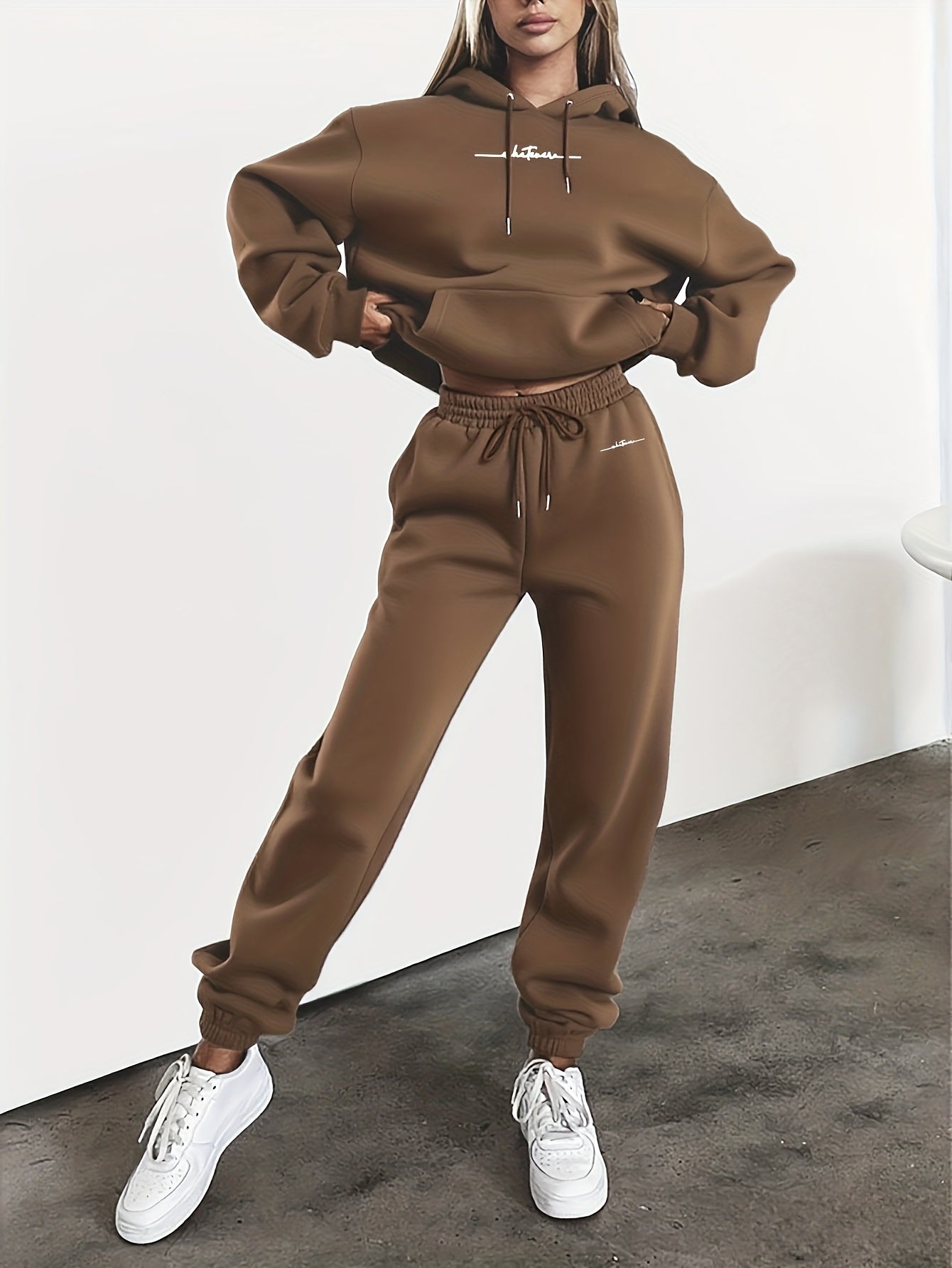 New Arrival Gray Print Women's Hooded Drawstring Sweatshirt and Pants Set, Autumn/Winter Warm Long-Sleeve Pullover with Hat, Machine-Washable Polyester, Versatile Outfit