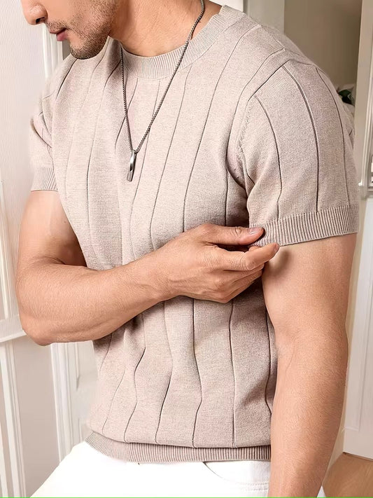 Men's Beige Ribbed Knit T-Shirt Premium Short Sleeve Textured Summer Sweater