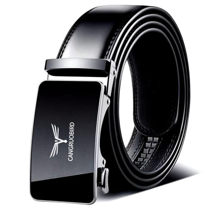 Black Leather Belt – Gold Logo Geometric Buckle