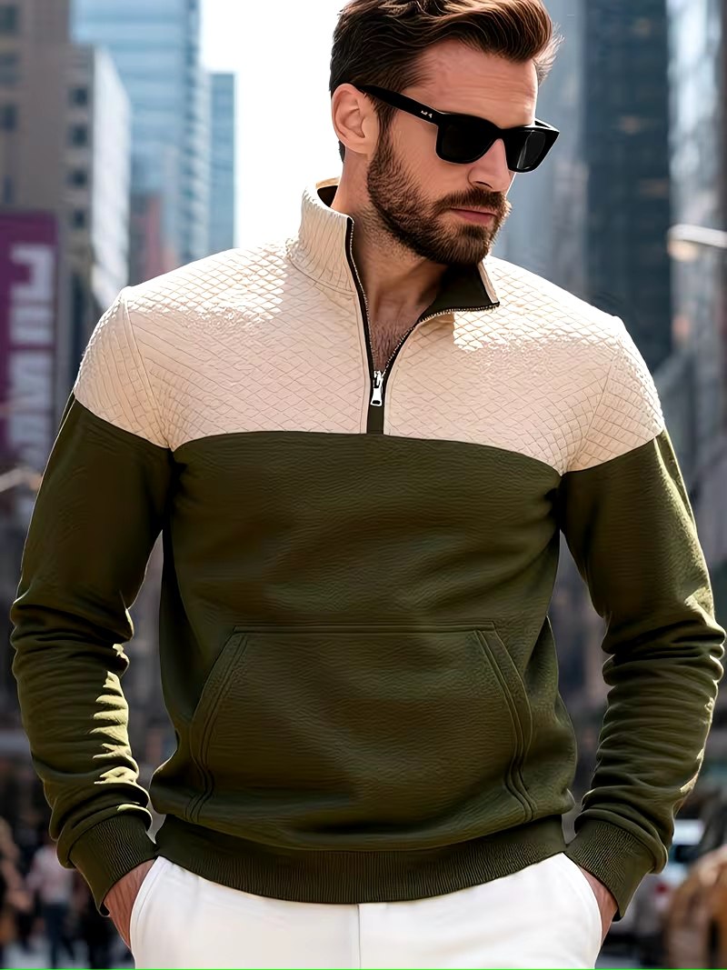 Two‑Tone Quilted Half‑Zip Pullover – Modern Street Style