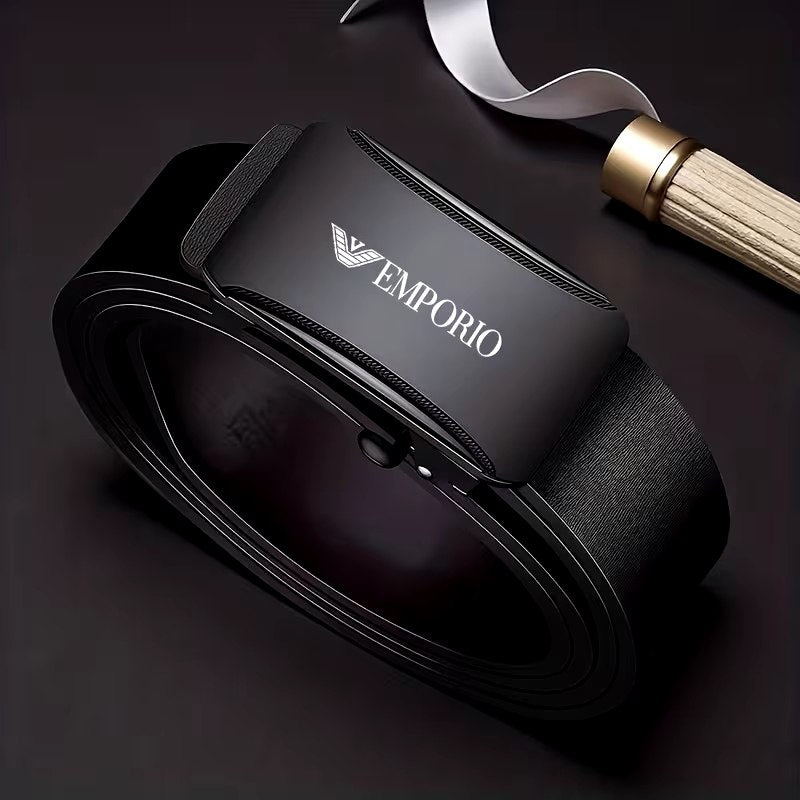 Emporio Black Belt – Modern Metallic Buckle Design