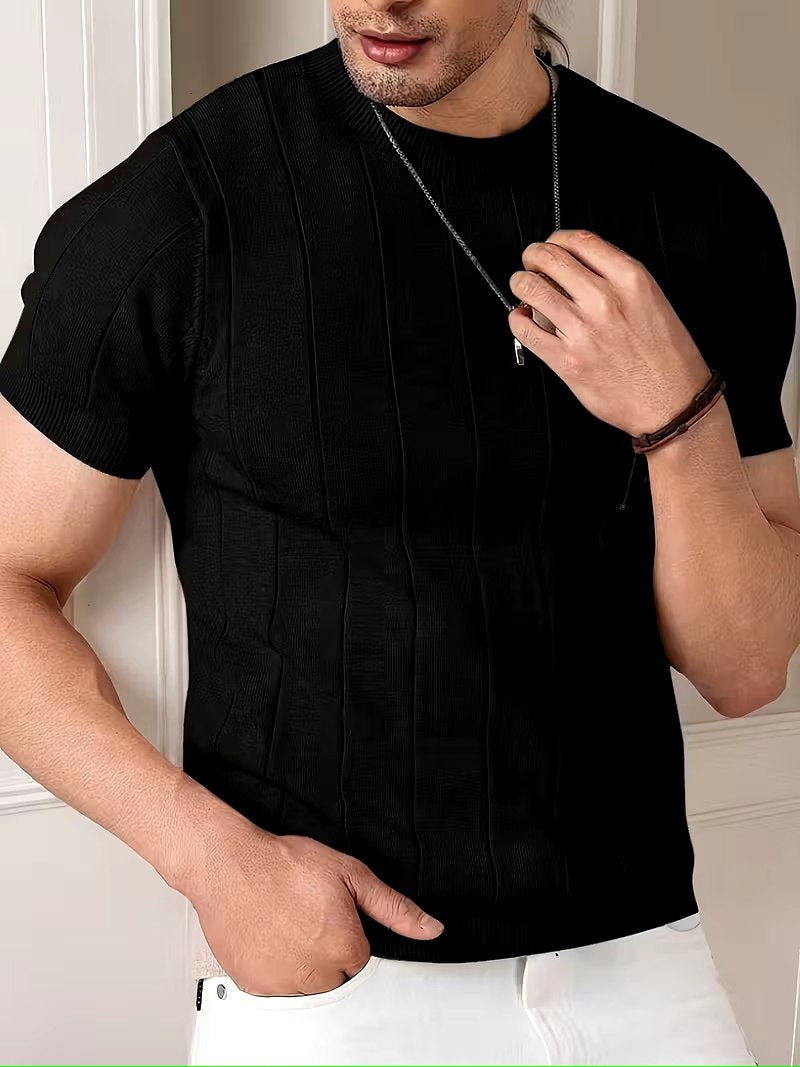 Men’s Black Textured Knit T-Shirt – Premium Casual Crew Neck Summer Shirt