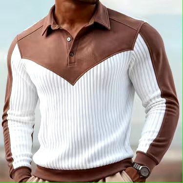 Two‑Tone Leather &amp; Ribbed Long‑Sleeve Shirt – Modern Casual Style