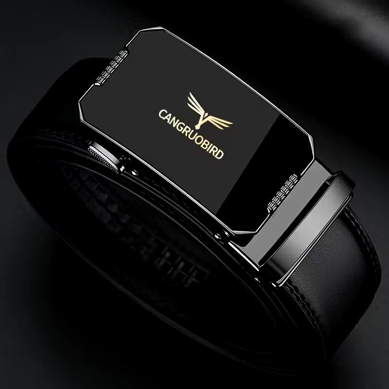 Black Leather Belt – Gold Logo Geometric Buckle
