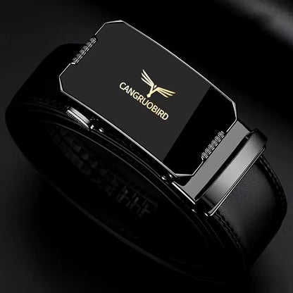Black Leather Belt – Gold Logo Geometric Buckle