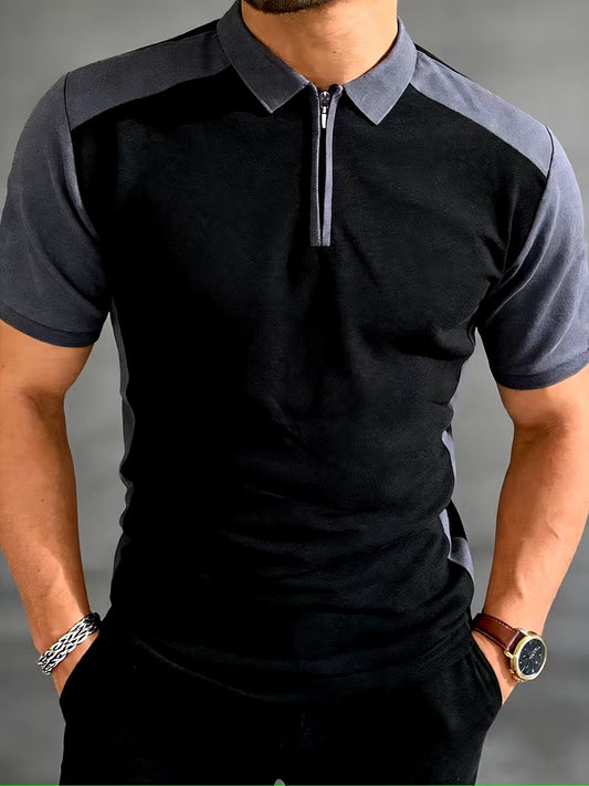 Men’s Black & Gray Zip Polo Shirt – Modern Casual Short Sleeve Summer Top - ayq