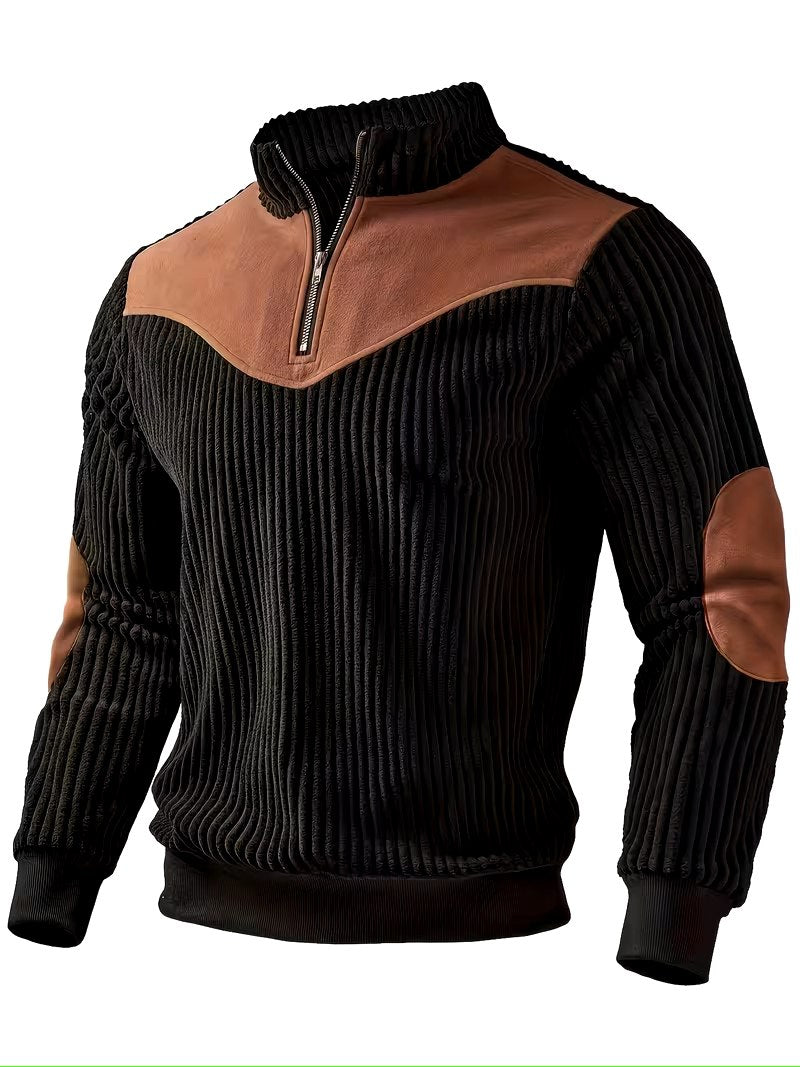 Black Ribbed Half‑Zip Pullover – Leather Accent Casual Sweater